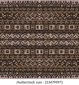 Bordes coloridos mosaicos patrón sin fisuras. Estilo de píxel digital fondo de vector ornamental. Fondo de cuadrícula de repetición moderno. Bordes mosaicos adornados con cuadrados. Textura sin fin en tonos beige marrón.