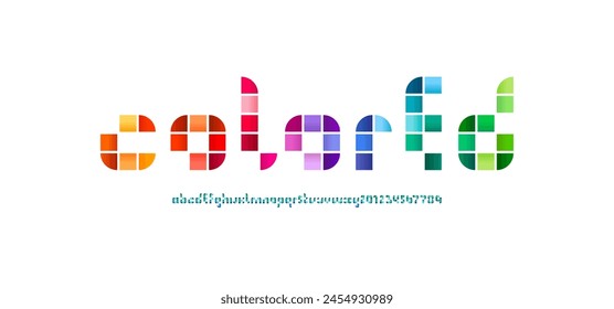 Mosaic colorful bright font, pixeled motley vivid alphabet, trendy letters and numbers made multi-colored tile style, vector illustration 10eps