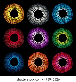 Mosaic colorful frames on black background. Design elements for poster, greeting card, invitation. Bright ceramic tile background. 
