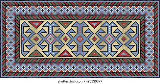 Mosaic colorful kilim rug with traditional folk geometric pattern. Tribal carpet border frame pattern. Each element is isolated and edited. Mosaic template of carpet. Vector 10 EPS illustration. 