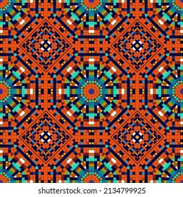 Mosaic colorful seamless pattern. Digital pixel style ornamental vector background. Modern repeat grid backdrop. Mosaic kaleidoscope bright ornament with squares, rhombus, shapes. Endless texture