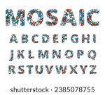 Mosaic colourful alphabet set isolated on white background. Cartoon flat style. Vector illustration