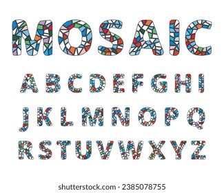 Mosaic colourful alphabet set isolated on white background. Cartoon flat style. Vector illustration