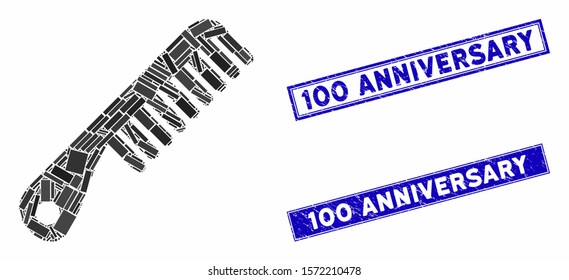 Mosaic comb icon and rectangle 100 Anniversary seal stamps. Flat vector comb mosaic pictogram of scattered rotated rectangle items. Blue 100 Anniversary rubber stamps with rubber texture.