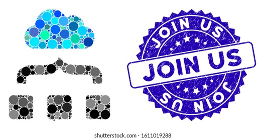 Mosaic combine cloud icon and grunge stamp watermark with Join Us text. Mosaic vector is formed with combine cloud icon and with scattered spheric items. Join Us stamp seal uses blue color,