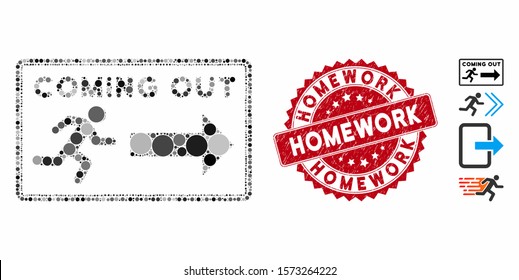 Mosaic Coming out rectangle icon and distressed stamp seal with Homework text. Mosaic vector is designed with Coming out rectangle icon and with randomized spheric spots.