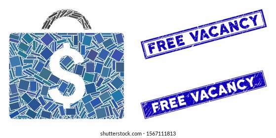 Mosaic commercial briefcase pictogram and rectangular rubber prints. Flat vector commercial briefcase mosaic pictogram of random rotated rectangular elements.