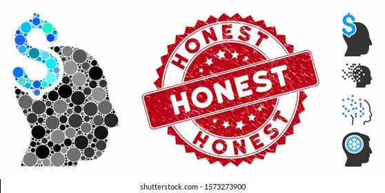 Mosaic commercial intellect icon and grunge stamp watermark with Honest text. Mosaic vector is created with commercial intellect icon and with randomized round spots. Honest stamp uses red color,