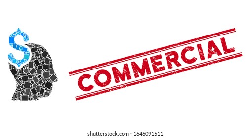 Icono de intelecto comercial mosaico y sello comercial rojo entre líneas paralelas dobles. Pictograma de mosaico de vector plano comercial con elementos de rectángulo rotado aleatoriamente.