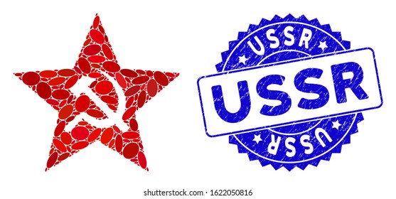 Mosaic communism star icon and distressed stamp seal with USSR caption. Mosaic vector is designed with communism star pictogram and with randomized ellipse spots. USSR seal uses blue color,