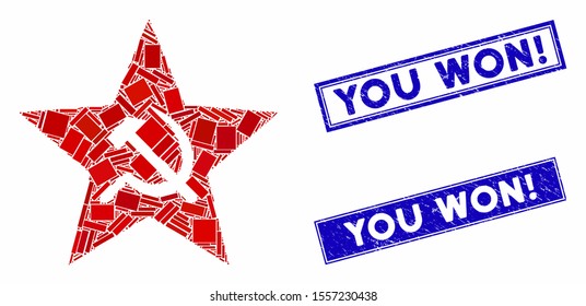 Mosaic communism star pictogram and rectangular seal stamps. Flat vector communism star mosaic icon of scattered rotated rectangular items. Blue caption seal stamps with grunged textures.