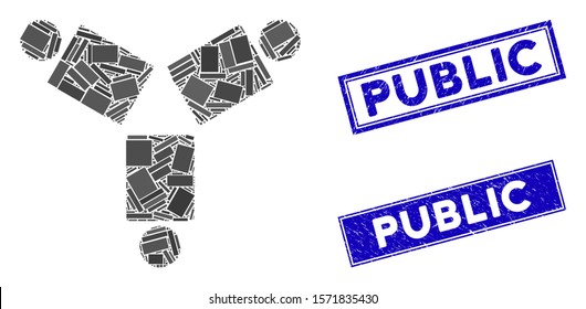 Mosaic community icon and rectangle Public rubber prints. Flat vector community mosaic pictogram of randomized rotated rectangle items. Blue Public rubber stamps with grunged texture.