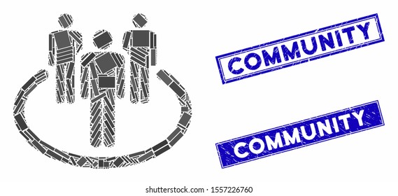 Mosaic community icon and rectangle seal stamps. Flat vector community mosaic pictogram of randomized rotated rectangle elements. Blue caption seal stamps with corroded surface.