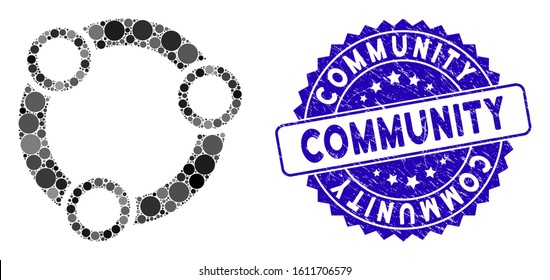 Mosaic community icon and rubber stamp seal with Community caption. Mosaic vector is composed from community icon and with randomized circle items. Community stamp seal uses blue color,