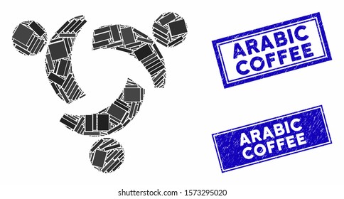 Mosaic community pictogram and rectangular Arabic Coffee seal stamps. Flat vector community mosaic icon of randomized rotated rectangular elements.