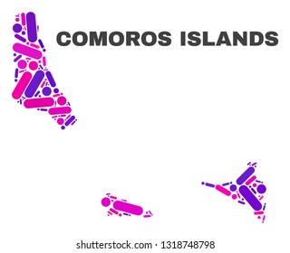 Mosaic Comoros Islands map isolated on a white background. Vector geographic abstraction in pink and violet colors. Mosaic of Comoros Islands map combined of scattered circle dots and lines.