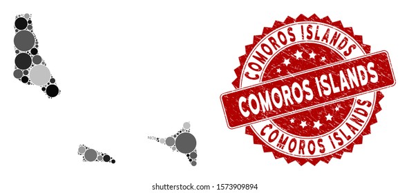 Mosaic Comoros Islands map and round seal stamp. Flat vector Comoros Islands map mosaic of randomized circle items. Red rubber stamp with scratched style.