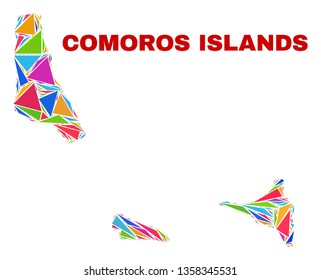 Mosaic Comoros Islands map of triangles in bright colors isolated on a white background. Triangular collage in shape of Comoros Islands map. Abstract design for patriotic decoration.