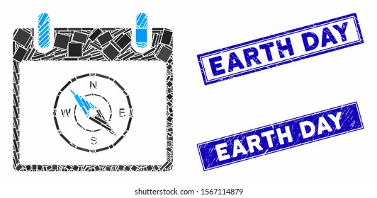 Mosaic compass calendar day icon and rectangular seal stamps. Flat vector compass calendar day mosaic icon of scattered rotated rectangular elements. Blue caption rubber seals with grunge surface.