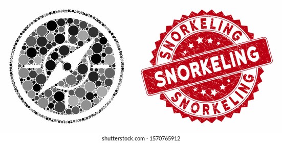 Mosaic compass and corroded stamp seal with Snorkeling text. Mosaic vector is designed with compass icon and with scattered round items. Snorkeling stamp seal uses red color, and grunged design.