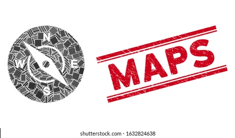Mosaic compass pictogram and red Maps seal between double parallel lines. Flat vector compass mosaic pictogram of random rotated rectangular items. Red Maps seal with scratched texture.