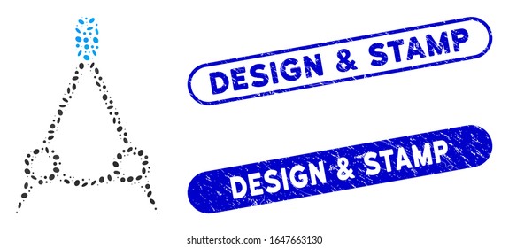 Mosaic compasses and corroded stamp seals with Design & Stamp phrase. Mosaic vector compasses is created with random elliptic pieces. Design & Stamp seals use blue color,