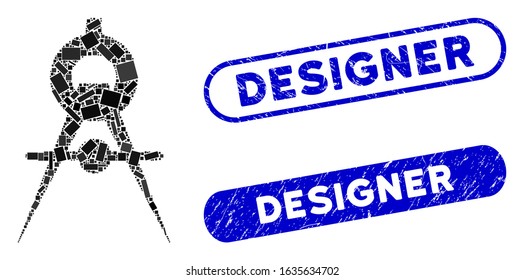 Mosaic compasses and rubber stamp watermarks with Designer caption. Mosaic vector compasses is formed with randomized rectangle items. Designer stamp seals use blue color,