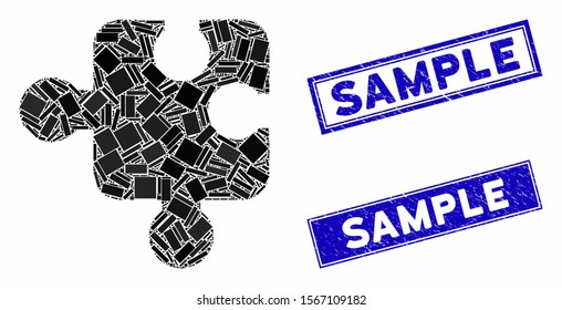 Mosaic component pictogram and rectangle watermarks. Flat vector component mosaic pictogram of randomized rotated rectangle items. Blue caption watermarks with corroded texture.