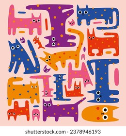 Mosaic composition with cute funny cats, colorful kitten set, cartoon style. Trendy modern vector illustration, hand drawn, flat design