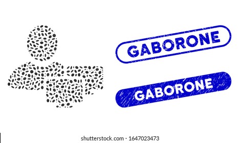 Mosaic computer administrator and corroded stamp seals with Gaborone phrase. Mosaic vector computer administrator is composed with random elliptic pieces. Gaborone stamp seals use blue color,