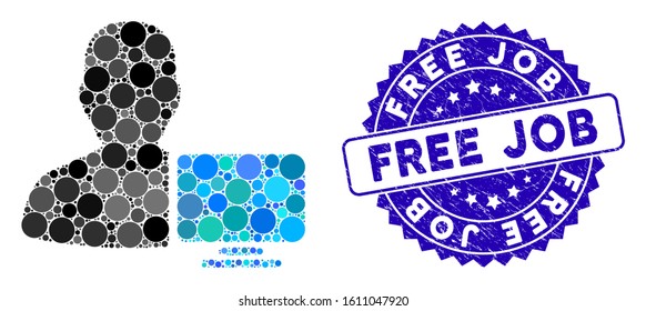 Mosaic computer administrator icon and distressed stamp watermark with Free Job text. Mosaic vector is created with computer administrator icon and with random spheric items.
