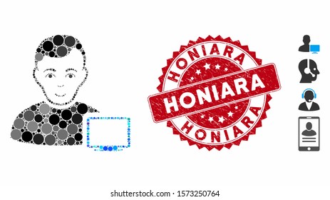 Mosaic computer administrator icon and grunge stamp watermark with Honiara caption. Mosaic vector is designed with computer administrator icon and with random spheric spots.