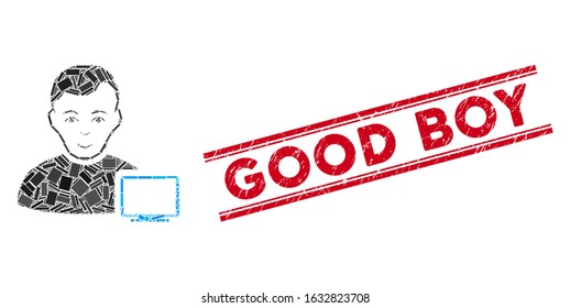 Mosaic computer administrator pictogram and red Good Boy seal between double parallel lines. Flat vector computer administrator mosaic pictogram of randomized rotated rectangle items.