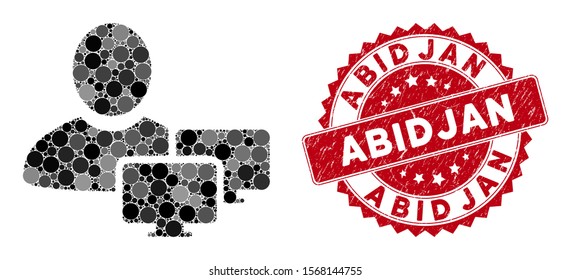 Mosaic computer administrator and rubber stamp seal with Abidjan text. Mosaic vector is created with computer administrator icon and with random round spots. Abidjan stamp uses red color,