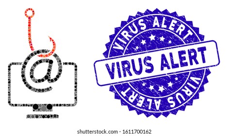 Mosaic computer email phishing icon and rubber stamp seal with Virus Alert text. Mosaic vector is formed with computer email phishing icon and with scattered round elements.