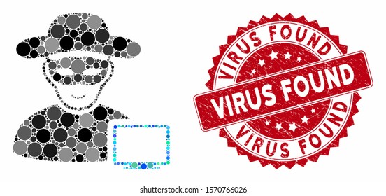 Mosaic computer hacker and grunge stamp seal with Virus Found phrase. Mosaic vector is formed with computer hacker icon and with scattered circle items. Virus Found stamp seal uses red color,