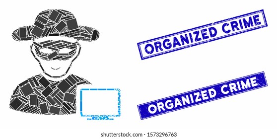 Mosaic computer hacker icon and rectangular Organized Crime seal stamps. Flat vector computer hacker mosaic icon of scattered rotated rectangle items.