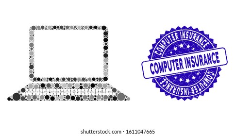 Mosaic computer icon and rubber stamp seal with Computer Insurance text. Mosaic vector is formed with computer icon and with random round items. Computer Insurance stamp seal uses blue color,