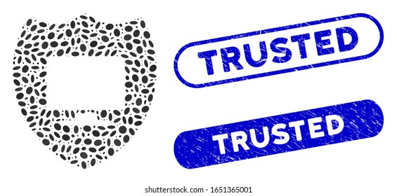 Mosaic computer insurance and grunge stamp seals with Trusted phrase. Mosaic vector computer insurance is formed with random elliptic items. Trusted stamp seals use blue color,