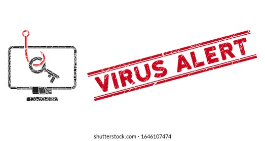 Icono de phishing de clave de equipo mosaico y marca de agua de alerta de virus rojo entre líneas paralelas dobles. Icono de mosaico de phishing de clave plana vectorial de elementos rectangulares rotados dispersos.