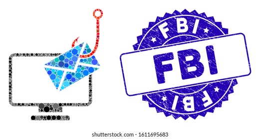 Mosaic computer mail phishing icon and corroded stamp seal with FBI caption. Mosaic vector is formed with computer mail phishing icon and with randomized spheric items. FBI stamp seal uses blue color,