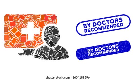 Mosaic computer medical client and grunge stamp watermarks with By Doctors Recommended caption. Mosaic vector computer medical client is designed with random rectangle items.