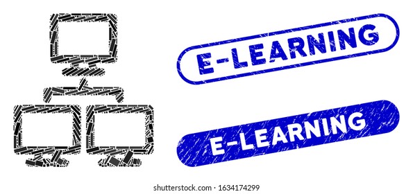 Mosaic computer network group and distressed stamp seals with E-Learning text. Mosaic vector computer network group is composed with randomized rectangle items. E-Learning stamp seals use blue color,