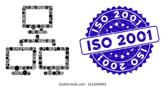 Mosaic computer network group icon and rubber stamp seal with ISO 2001 caption. Mosaic vector is designed from computer network group icon and with randomized spheric elements.