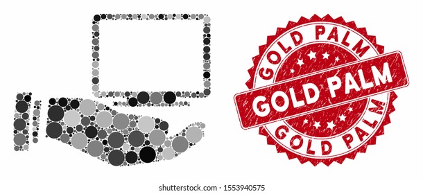 Mosaic computer offer hand and corroded stamp seal with Gold Palm caption. Mosaic vector is created with computer offer hand icon and with scattered round items. Gold Palm stamp uses red color,