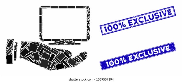 Mosaic computer offer hand pictogram and rectangle stamps. Flat vector computer offer hand mosaic pictogram of random rotated rectangle elements.  