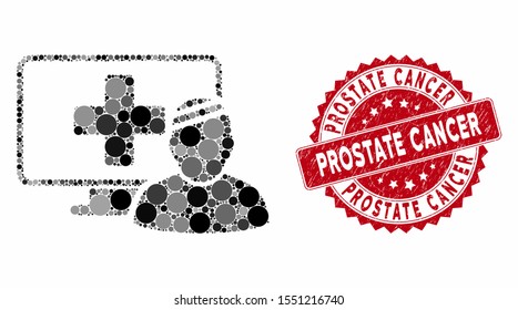 Mosaic computer patient and grunge stamp watermark with Prostate Cancer phrase. Mosaic vector is designed with computer patient icon and with random circle spots. Prostate Cancer stamp uses red color,