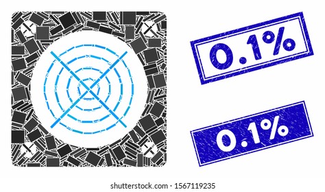 Mosaic computer power supply pictogram and rectangle seals. Flat vector computer power supply mosaic pictogram of scattered rotated rectangle elements. Blue caption seals with distress surface.