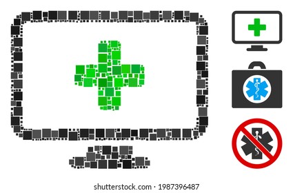 Mosaik Computer Behandlung Symbol bestehend aus quadratischen Elementen in verschiedenen Größen und Farben. Vektorquadratische Elemente werden zu einem abstrakten Mosaik-Computer-Behandlungssymbol kombiniert. Bonussymbole werden platziert.