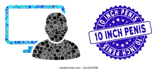 Mosaic computer user icon and distressed stamp watermark with 10 Inch Penis text. Mosaic vector is created with computer user icon and with random spheric spots. 10 Inch Penis stamp uses blue color,